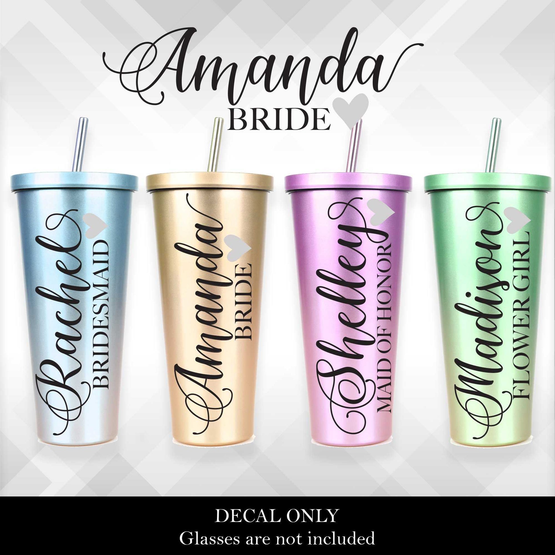 Bridal and Wedding Party Glass Tumbler Decal - Vinyl Sticker - Heart