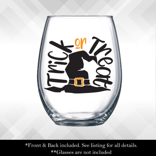 Decal Trick or Treat Witch Hat for Halloween Wine Glasses